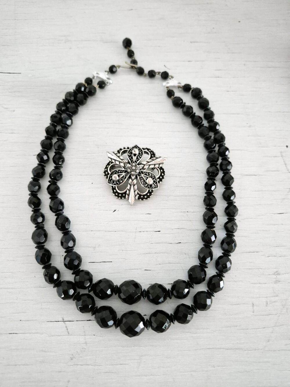 Vintage Double Strand Black Beaded Necklace and Hedy Designer Brooch Set